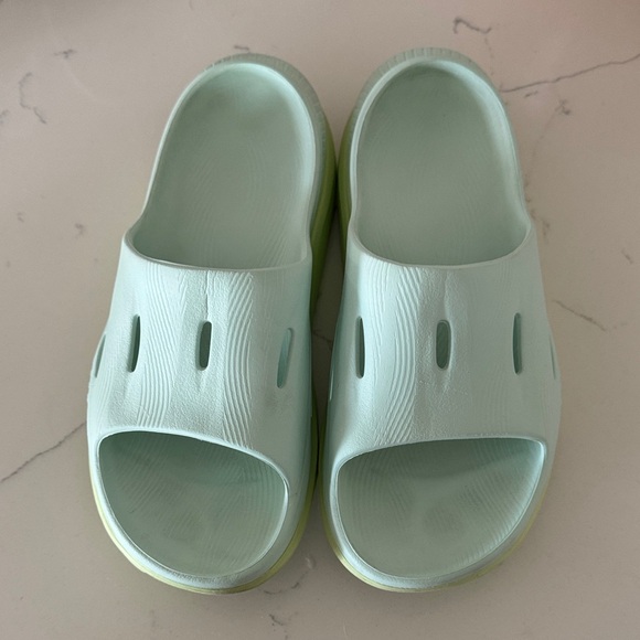 Hoka One One Shoes - Hoka One One Light Aqua w/ Green Slide Sandals